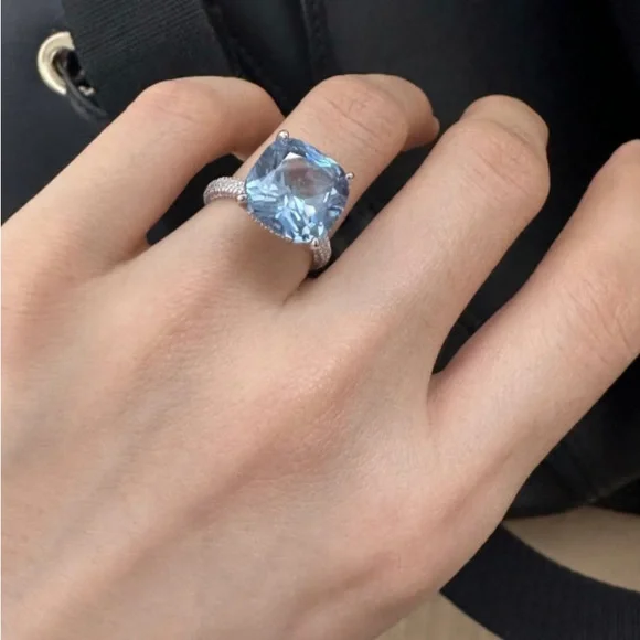 Italo Blue Topaz Ring Hidden Halo Cushion Cut Engagement Ring - Picture 6 of 11